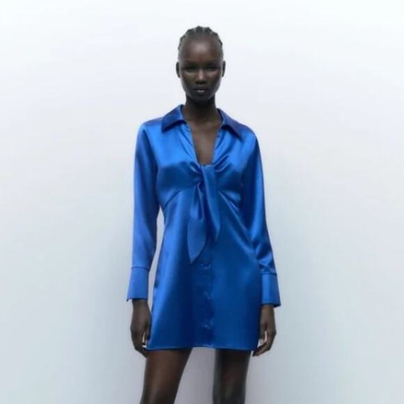 Zara Blue Satin Effect Long Sleeve Knotted Dress Lapel Collar Size Small - Picture 2 of 9